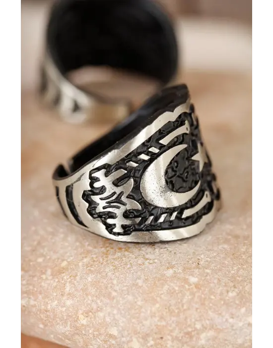 Çift Hilal Figürlü Kare Füme Gri Renk Ayarlamalı Erkek Yüzük