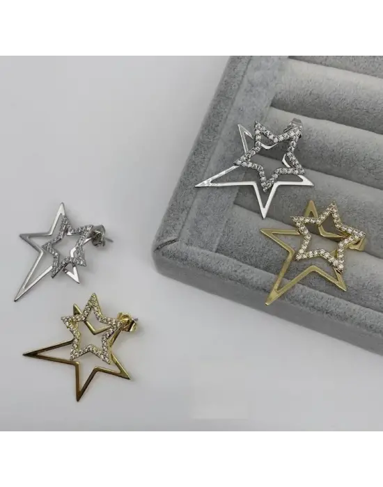 Çift Yıldız Işıltılı Modern Küpe