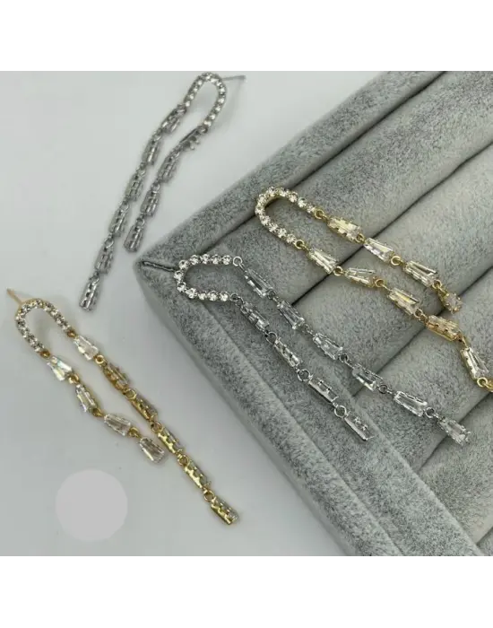 Çift Zincir Model Uzun Su Yolu Taşlı Sallantılı Küpe Gümüş ve Altın