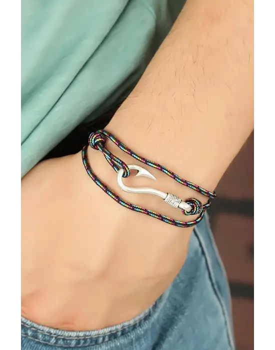 Çizgi Desenli Metal Kancalı Erkek Bileklik