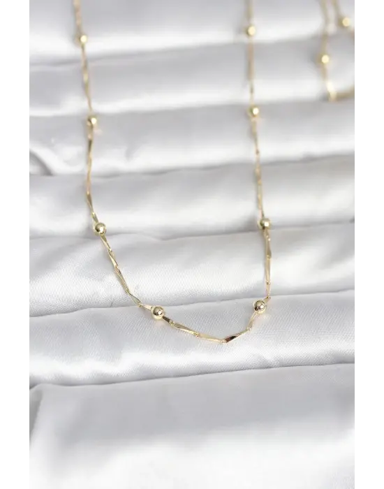 CM 14K Gold Renk Kesme Çubuk Zincir Topçuklu Model 60 cm Kadın Kolye