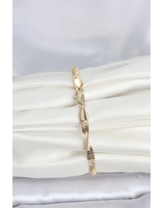 CM 14K Gold Renk Zincir Kalın Yassı Ezme Burgu Model Kadın Bileklik