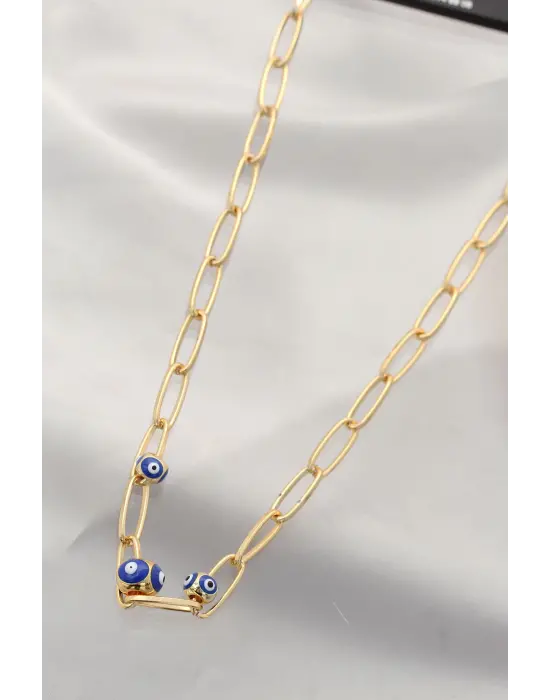 Çoklu Nazar Boncuk Tasarımlı Gold Zincir Kolye