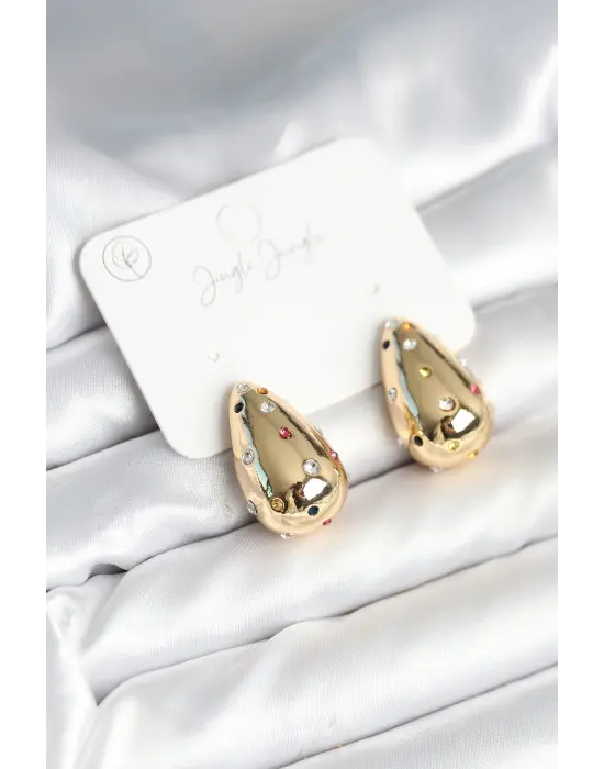 Damla Gold Renk Zirkon Taşlı Kadın Küpe