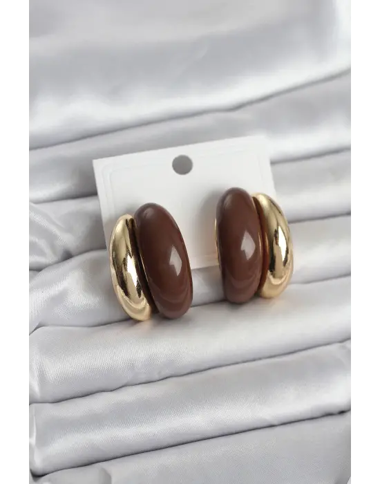 Damla Model Kahverengi Vintage Gold Renk Kadın Küpe