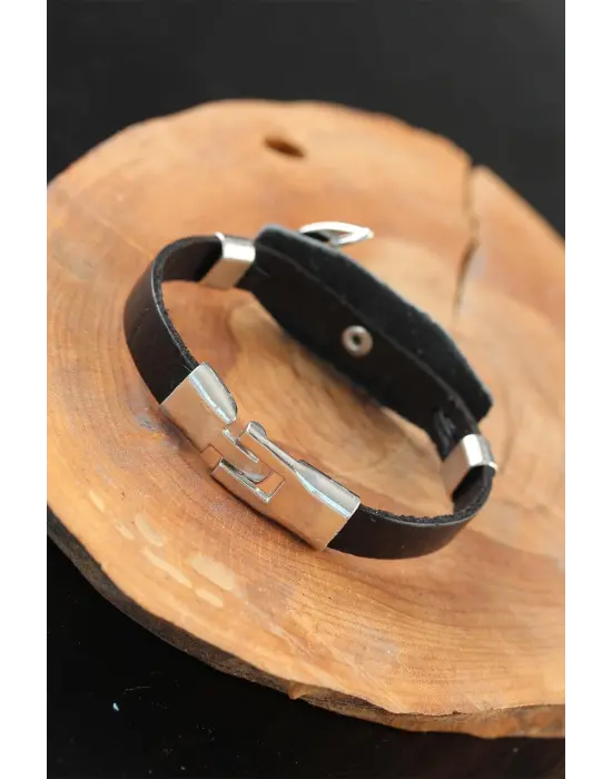 Deniz Çapalı Metal Aksesuarlı Siyah Renk Deri Erkek Bileklik