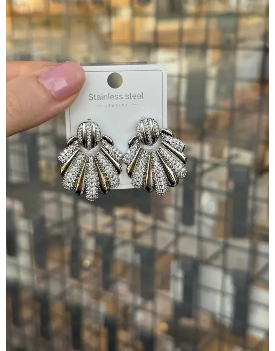 Deniz Kabuğu Model İstiridye & Midye Beyaz Taşlı Gümüş Kaplama Küpe