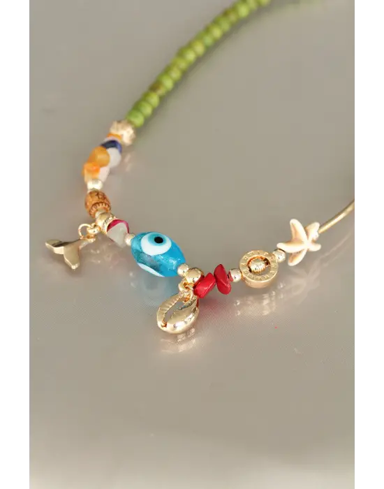 Deniz Kabuğu Tasarımlı Yeşil Tahta Boncuklu Kadın Kolye