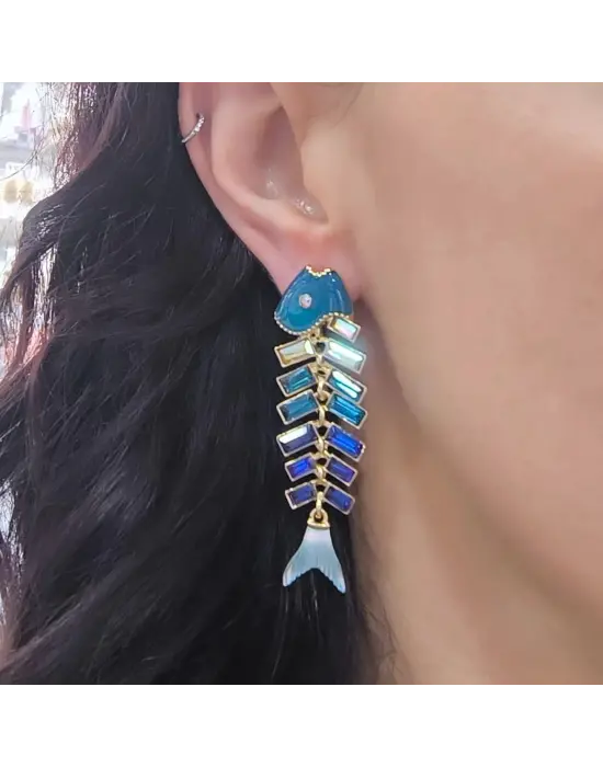 Deniz Mavili Balık Küpe Taşlı Renkli