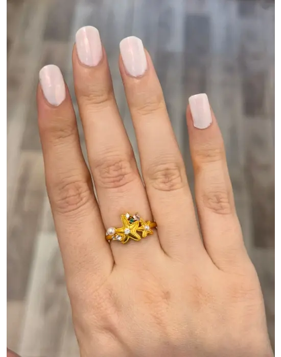 Deniz Yıldızı Motifli İnci ve Taş Detaylı Yazlık Tatillik Denizlik Altın Yüzük