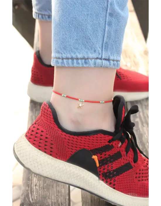 Deniz Yıldızı Tasarımlı Kırmızı Boncuk Detaylı Halhal