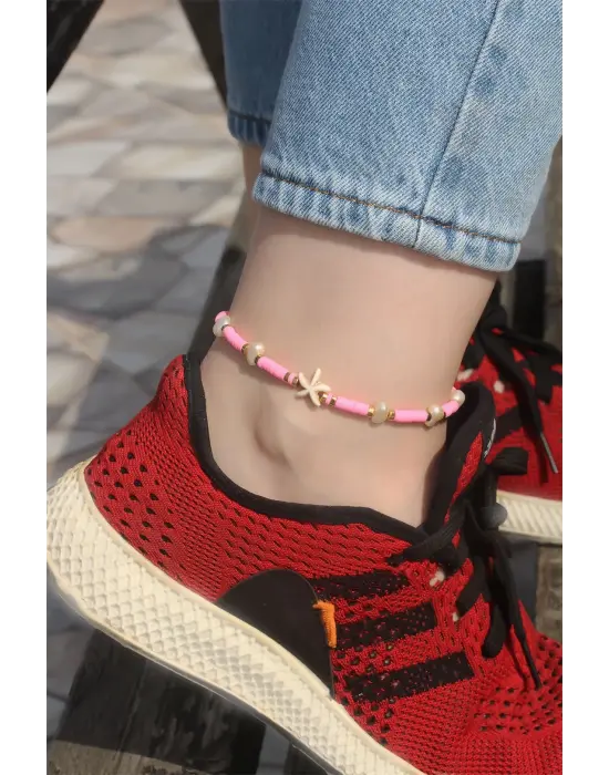 Deniz Yıldızı Tasarımlı Pembe Boncuklu Halhal