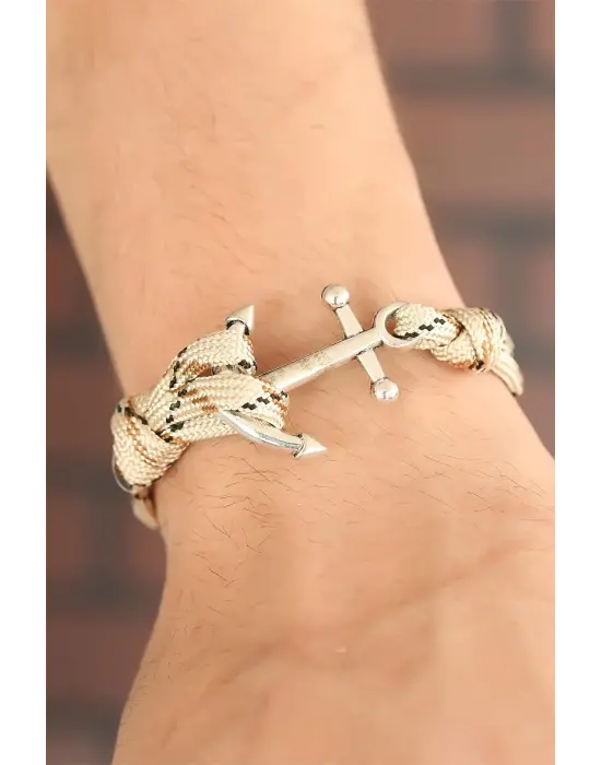 Desenli Krem Metal Çapalı Erkek Bileklik