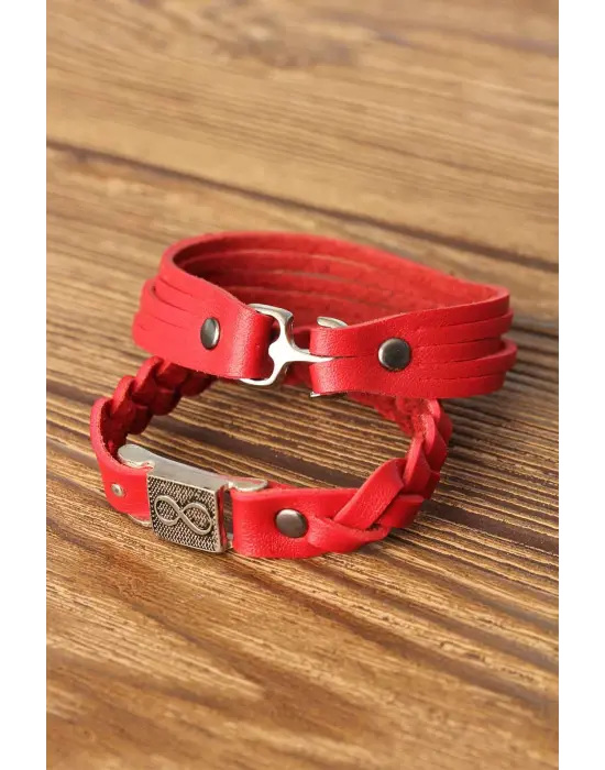 Desenli Metal Aksesuarlı Kırmızı Renk Deri Erkek Bileklik Kombin