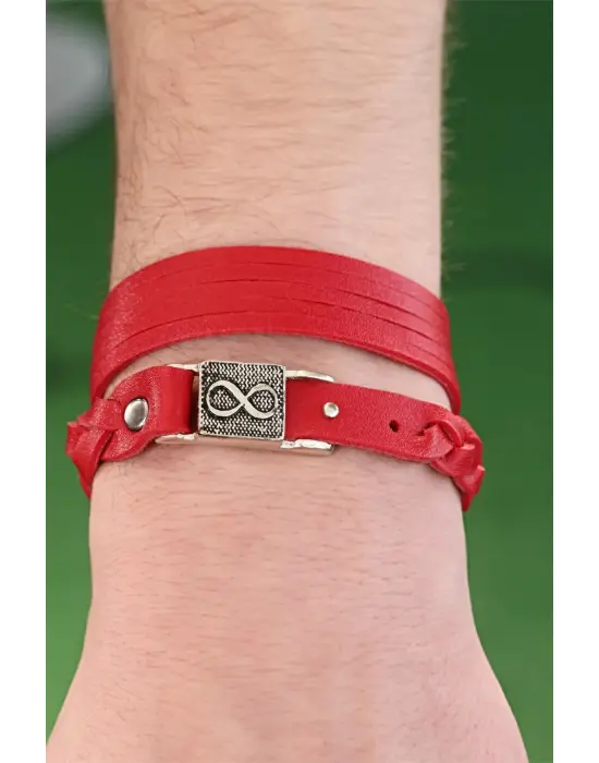 Desenli Metal Aksesuarlı Kırmızı Renk Deri Erkek Bileklik Kombin