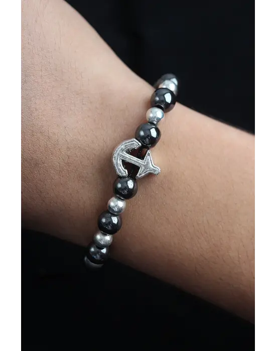 Doğal Taş Çapa Model Gümüş Ve Füme Renk Asansörlü Erkek Bileklik