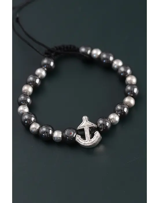 Doğal Taş Çapa Model Gümüş Ve Füme Renk Asansörlü Erkek Bileklik