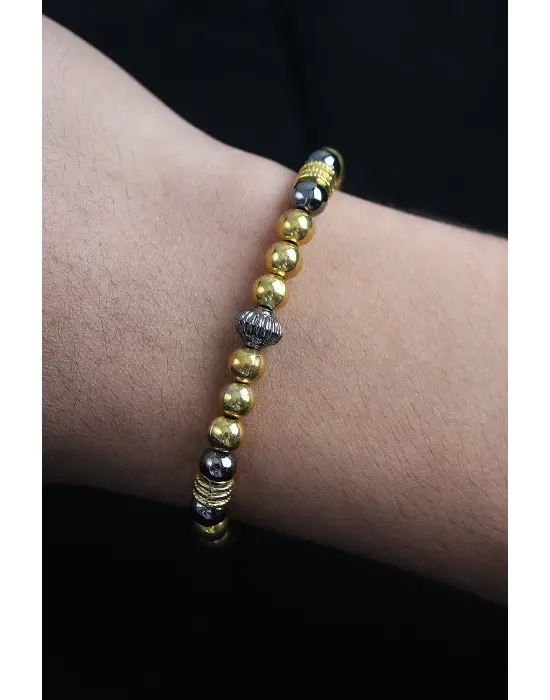 Doğal Taş Çember Model Gold Ve Füme Renk Asansörlü Erkek Bileklik