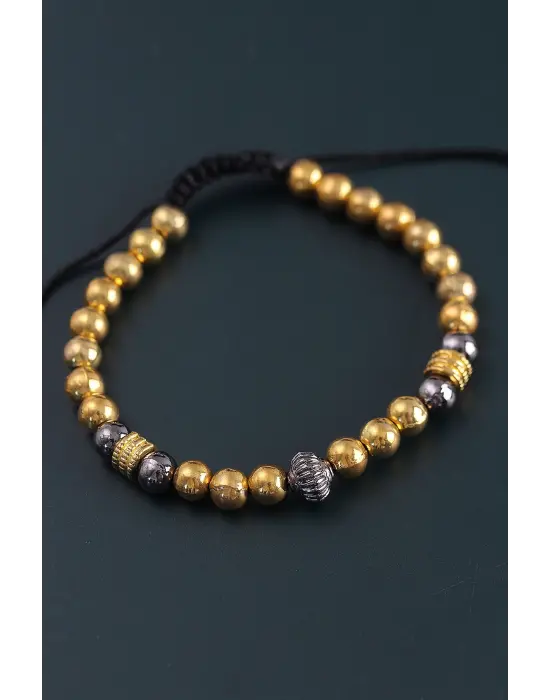 Doğal Taş Çember Model Gold Ve Füme Renk Asansörlü Erkek Bileklik