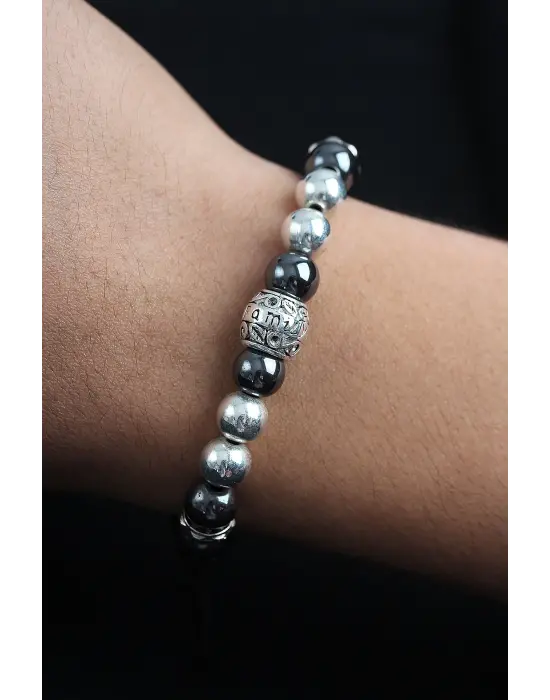 Doğal Taş Family Model Gümüş Ve Füme Renk Asansörlü Erkek Bileklik