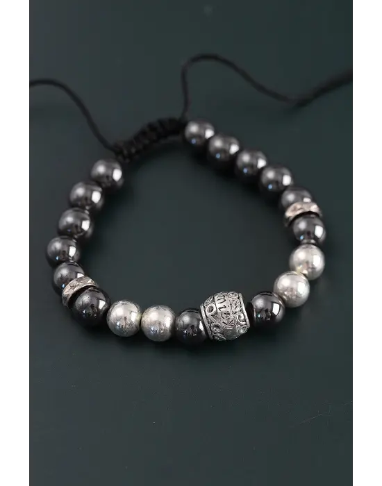 Doğal Taş Family Model Gümüş Ve Füme Renk Asansörlü Erkek Bileklik