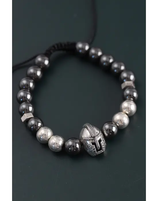 Doğal Taş Gladyatör Model Gümüş Ve Füme Renk Asansörlü Erkek Bileklik