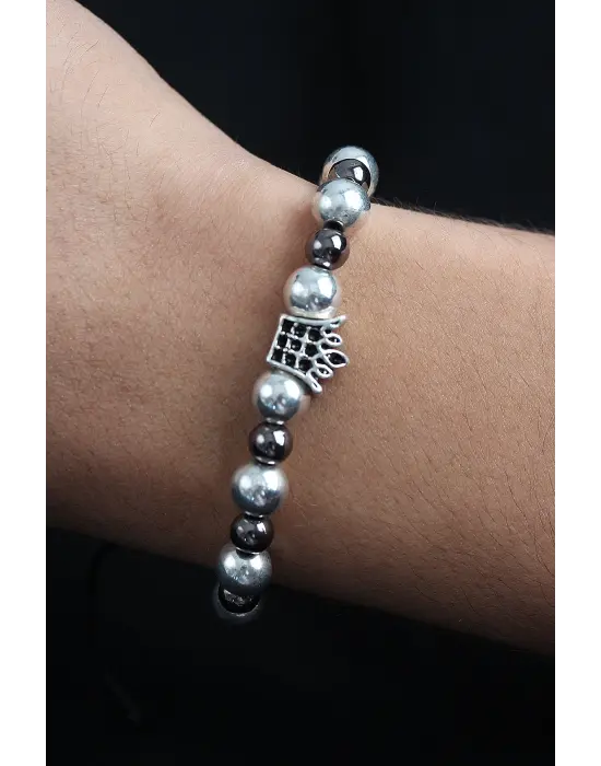 Doğal Taş Kral Tacı Model Gümüş Ve Füme Renk Asansörlü Erkek Bileklik