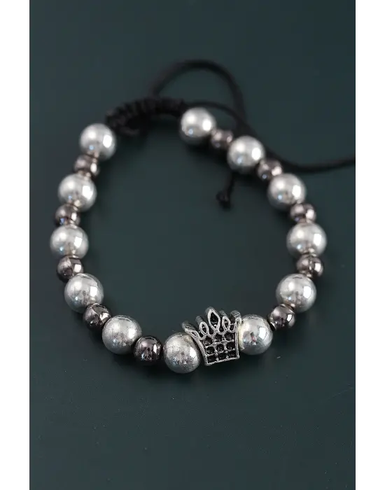 Doğal Taş Kral Tacı Model Gümüş Ve Füme Renk Asansörlü Erkek Bileklik