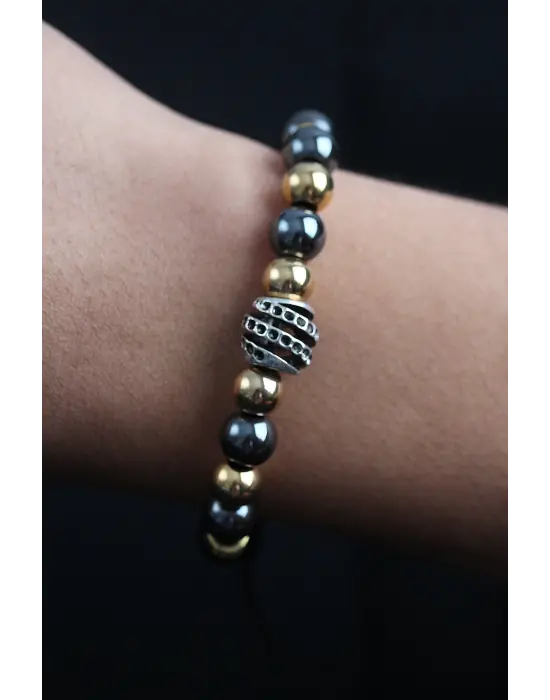 Doğal Taş Sarmal Model Gold Ve Füme Renk Asansörlü Erkek Bileklik