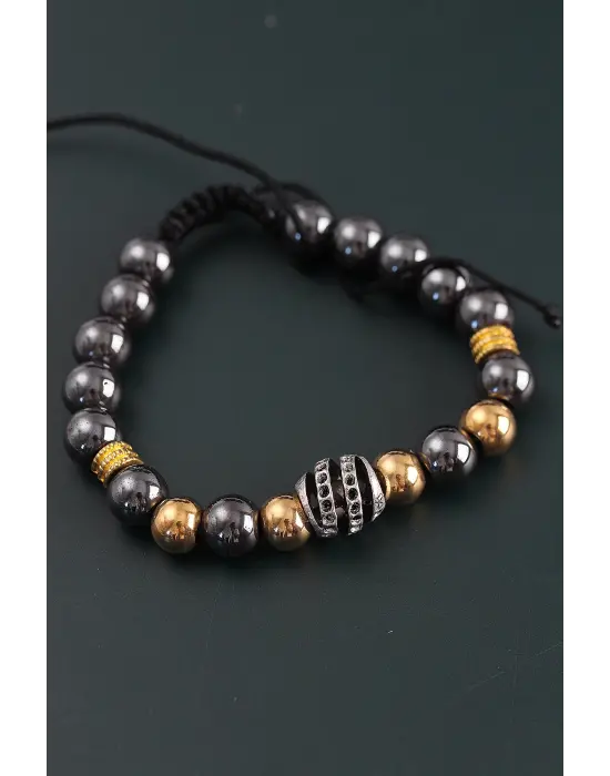 Doğal Taş Sarmal Model Gold Ve Füme Renk Asansörlü Erkek Bileklik