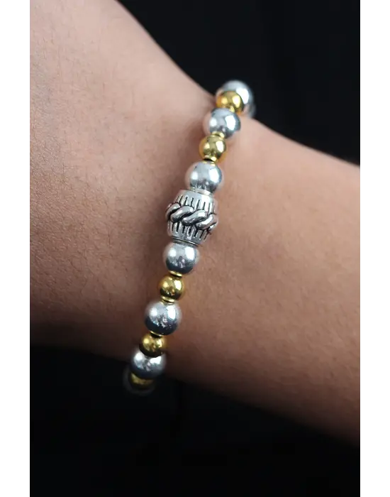 Doğal Taş Sarmal Model Gold Ve Gümüş Renk Asansörlü Erkek Bileklik