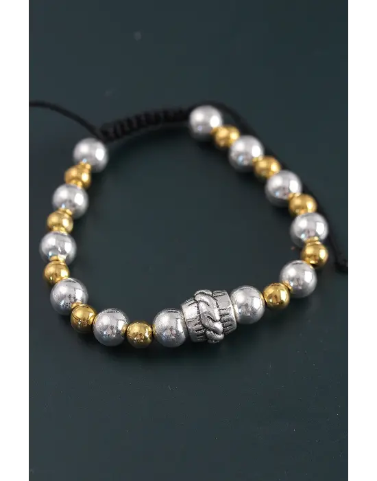 Doğal Taş Sarmal Model Gold Ve Gümüş Renk Asansörlü Erkek Bileklik