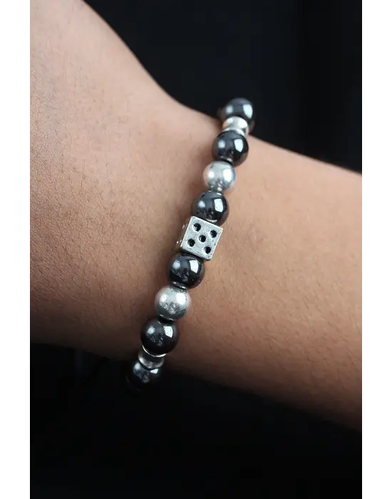 Doğal Taş Zar Model Gümüş Ve Füme Renk Asansörlü Erkek Bileklik