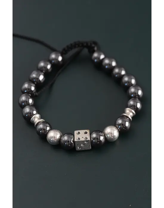 Doğal Taş Zar Model Gümüş Ve Füme Renk Asansörlü Erkek Bileklik