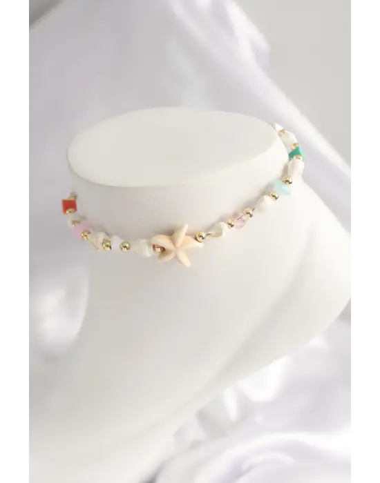 Doğal Taşlı Beyaz Deniz Yıldızı Objeli Deniz Kabuğu Halhal