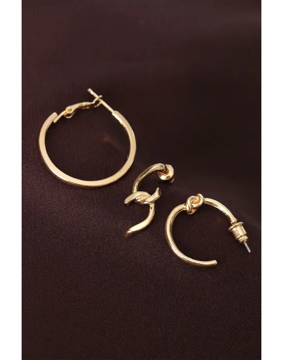 Düğüm Model Altın Renk Metal Çoklu Küpe