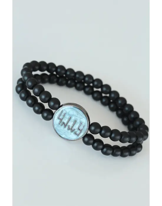 Eski Türkçe Göktürkçe Yazı Figürlü Açık Mavi Renk Metal Aksesuarlı Çift Sıra Oniks Doğal Taş Erkek Bileklik