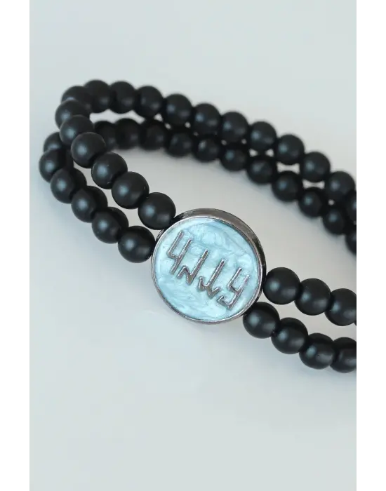 Eski Türkçe Göktürkçe Yazı Figürlü Açık Mavi Renk Metal Aksesuarlı Çift Sıra Oniks Doğal Taş Erkek Bileklik