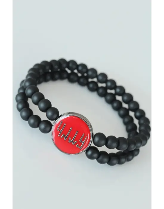 Eski Türkçe Göktürkçe Yazı Figürlü Kırmızı Metal Aksesuarlı Çift Sıra Oniks Doğal Taş Erkek Bileklik