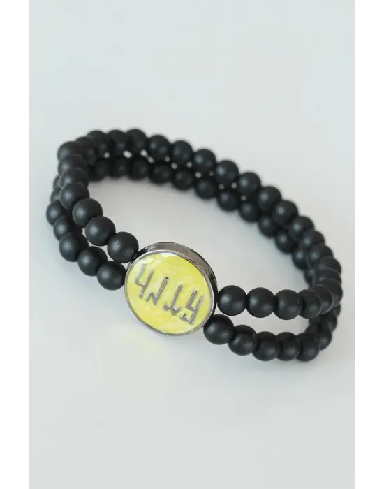 Eski Türkçe Göktürkçe Yazı Figürlü Sarı Metal Aksesuarlı Çift Sıra Oniks Doğal Taş Erkek Bileklik