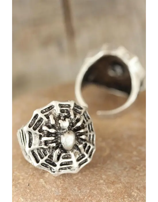 Eskitme Gümüş Renk Örümcek Figürlü Erkek Ayarlamalı Yüzük