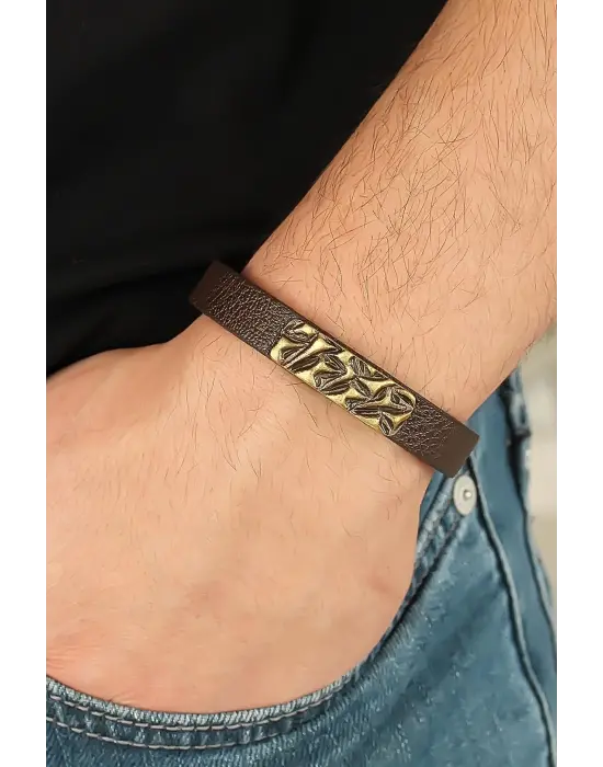 Eskitme Metal Şık Aksesuarlı Kahverengi Deri Erkek Bileklik