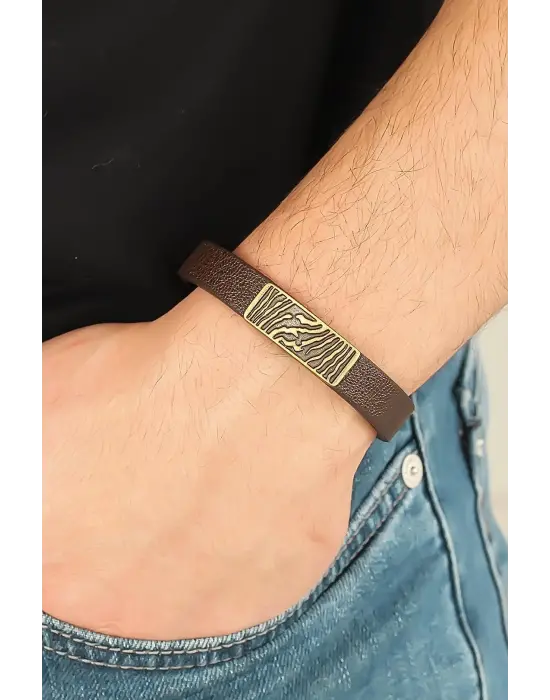Eskitme Metal Zebra Aksesuarlı Kahverengi Deri Erkek Bileklik
