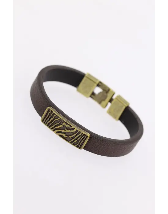Eskitme Metal Zebra Aksesuarlı Kahverengi Deri Erkek Bileklik