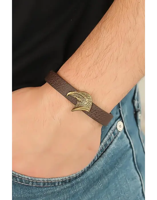 Eskitme Renk Metal Kartal Aksesuarlı Kahverengi Deri Erkek Bileklik