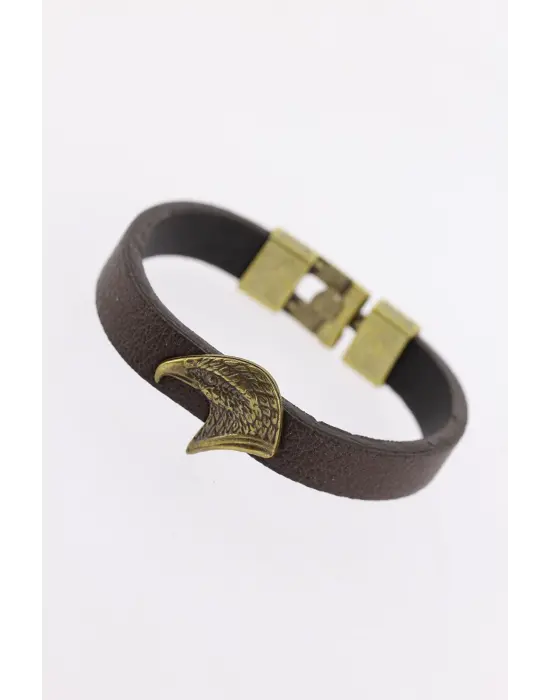 Eskitme Renk Metal Kartal Aksesuarlı Kahverengi Deri Erkek Bileklik