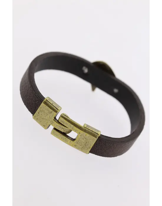 Eskitme Renk Metal Kartal Aksesuarlı Kahverengi Deri Erkek Bileklik