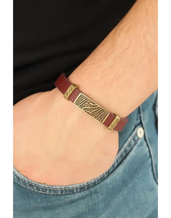 Eskitme Renk Metal Zebra Aksesuarlı Kahverengi Deri Erkek Bileklik