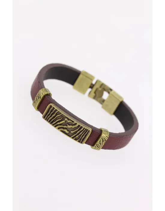Eskitme Renk Metal Zebra Aksesuarlı Kahverengi Deri Erkek Bileklik