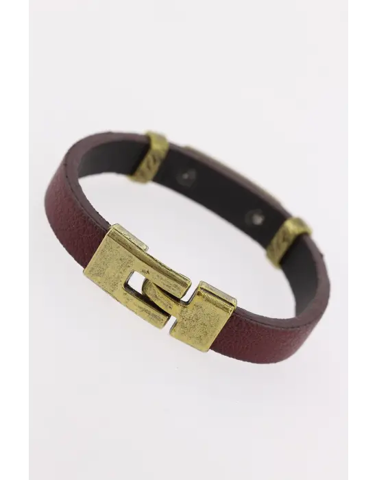 Eskitme Renk Metal Zebra Aksesuarlı Kahverengi Deri Erkek Bileklik